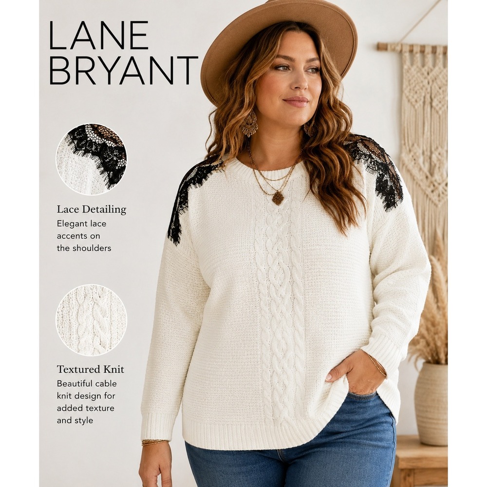 NEW Lane‎ Bryant White Textured Knit Sweater Black Lace Shoulder Detail